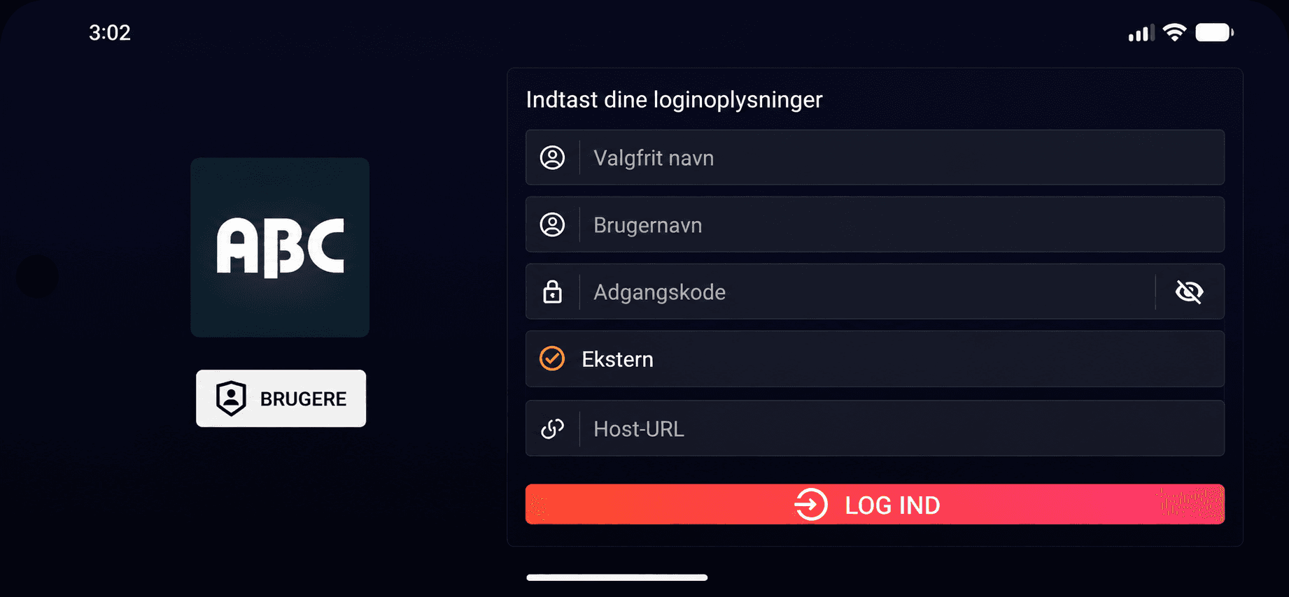 Indtastning af navn, brugernavn, adgangskode og server-URL i ABC IPTV Player