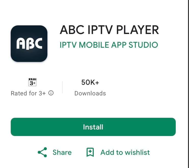 ABC IPTV Player i Google Play med Installér-knap